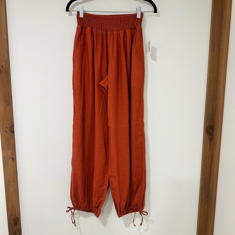 Old Navy Women M Burnt Orange Linen Blend Smocked Waist Jogger Pants Lagenlook